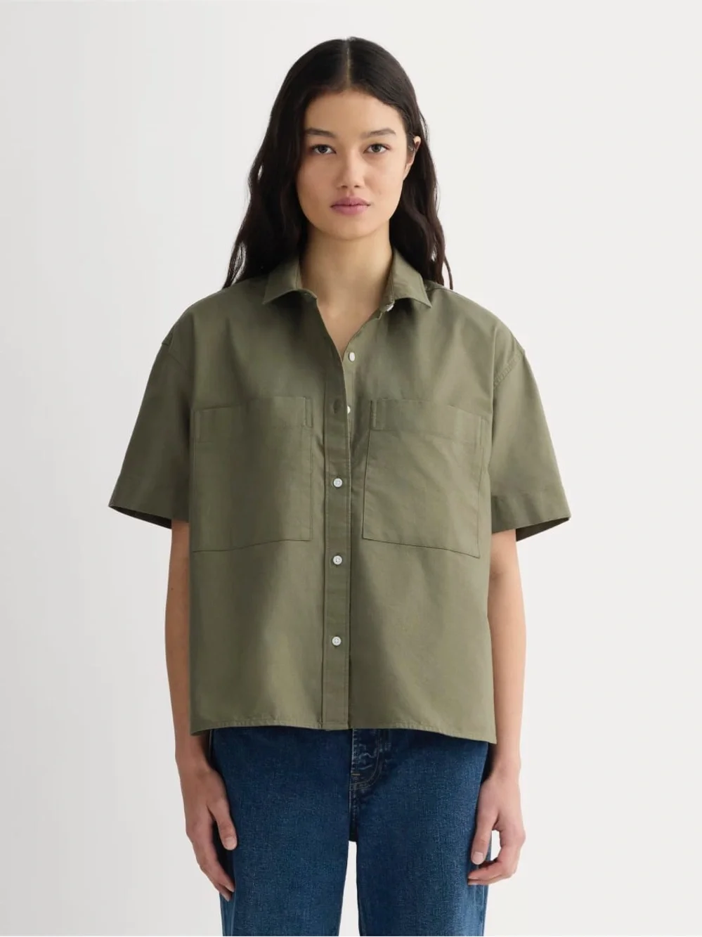 Everlane THE SHORT-SLEEVE BOXY OXFORD Olive Green Button-Up Shirt Medium Cotton - Picture 1 of 6